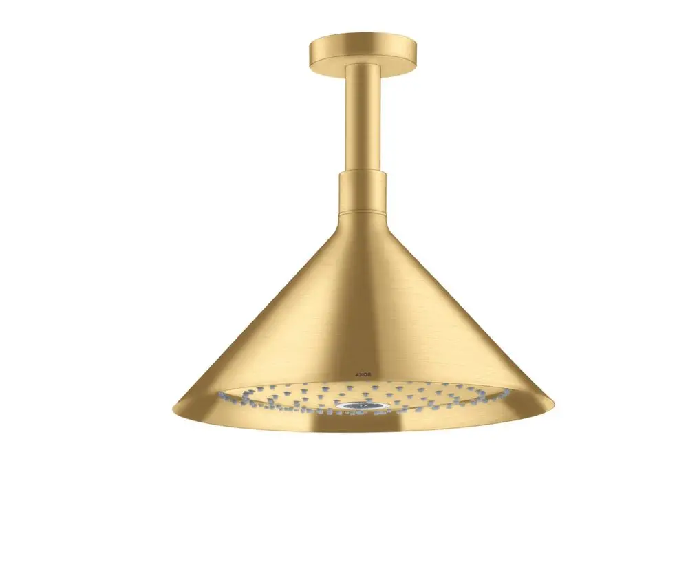 Deckenmontierte Kopfbrause in konischer Form mit brushed goldfarbener Oberfläche und zwei Strahlarten. Produkt von AXOR.